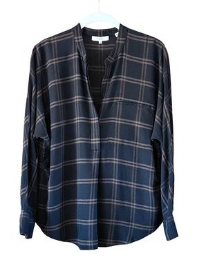 Vince Shadow Plaid Shirt Band Collar Oversized Pullover Black Brown Women’s S